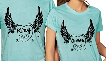 DEE LEAF Flaying Heart King Queen Printed Matching Half Sleeve Couple Tshirt-thumb1