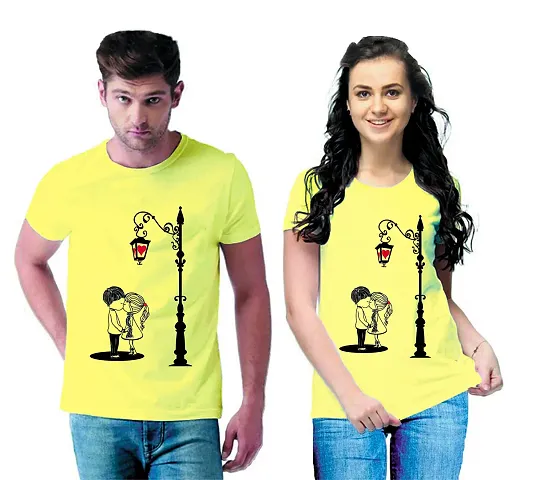 DEE LEAF Cute Couple Under Street Light Printed Matching Half Sleeve Couple Tshirt