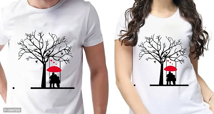 DEE LEAF Umbrella Couple Printed Matching Half Sleeve Couple Tshirt-thumb2