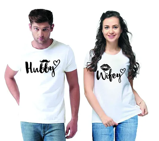DEE LEAF Wifey-Hubby Half Sleeve Printed Matching Couple Tshirt