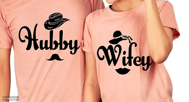 DEE LEAF Hubby-Wifey Matching Half Sleeve Couple Tshirt Peach-thumb2