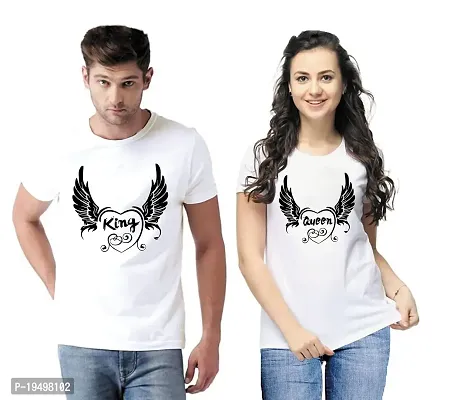 DEE LEAF Flaying Heart King Queen Printed Matching Half Sleeve Couple Tshirt