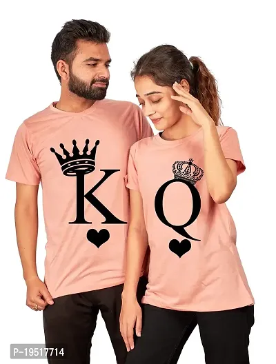 DEE LEAF K-Q Printed Matching Half Sleeve Couple Tshirt Peach