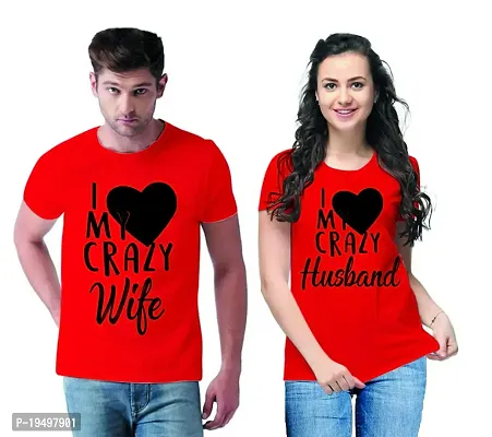 DEE LEAF Crazy Husband-Wife Printed Matching Half Sleeve Couple Tshirt