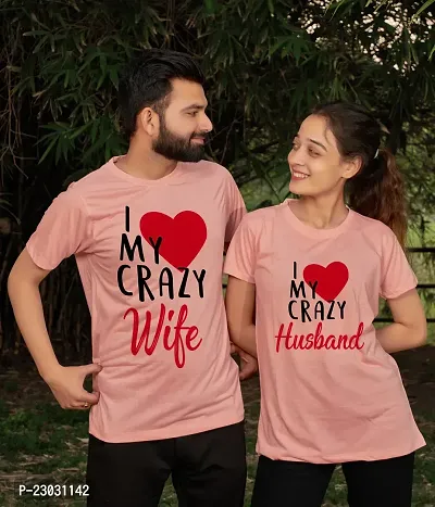 Stylish Peach Cotton Blend Printed Couple Tshirt