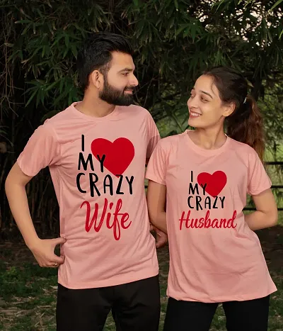 Valentines Day Stylish Peach Cotton Blend Printed Couple Tshirt