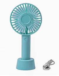 Mini Handheld Portable Fan USB Rechargeable Built-in Battery Operated Summer Cooling Desktop Fan with Standing Holder Handy Base For Home Office Outdoor Travel (Blue Color)-thumb2