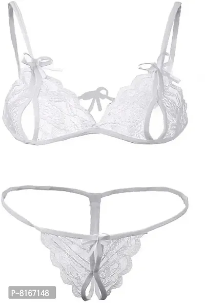 EKIN Latest Women's Silk & Georgette Baby Doll Bra & Panty Set Embroidered Lingerie Set (White)