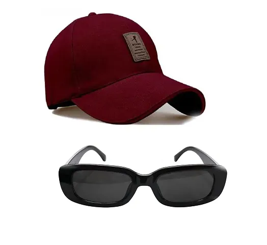 Cron Combo Set of Pure Cotton Cap and Sunglasses for Sun and UV Protection Base Ball Cap & Black Sunglass for Men & Boys, Women (Pack of 2) (Maroon)