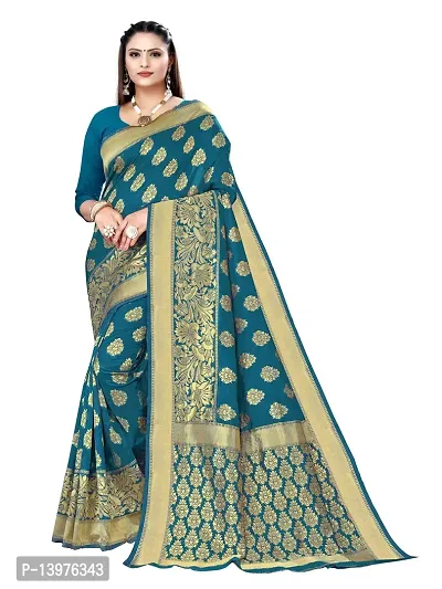 Alluring Teal Silk Blend Woven Design Women Saree with Blouse piece