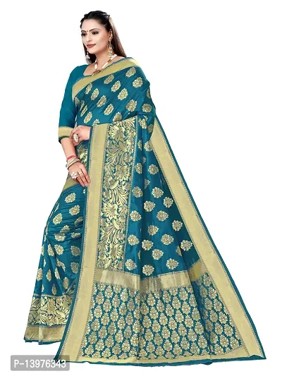 Alluring Teal Silk Blend Woven Design Women Saree with Blouse piece-thumb4