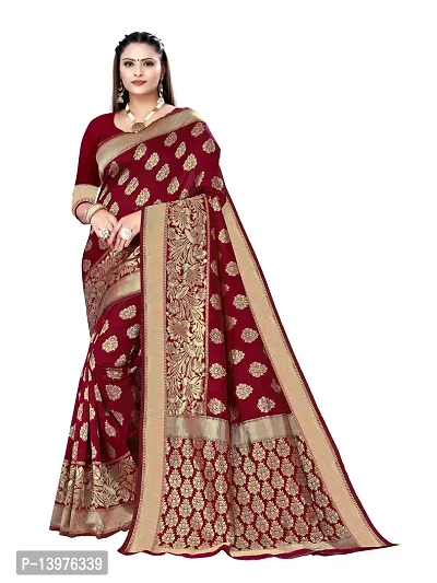 Alluring Maroon Silk Blend Woven Design Women Saree with Blouse piece