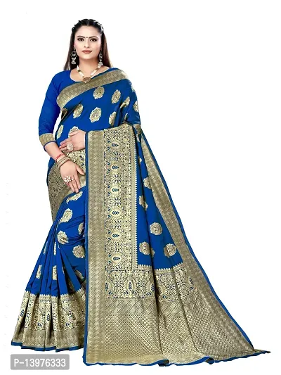 Alluring Blue Silk Blend Woven Design Women Saree with Blouse piece