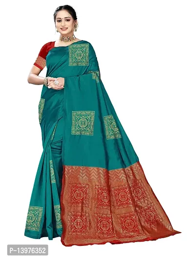 Alluring Teal Silk Blend Woven Design Women Saree with Blouse piece-thumb0