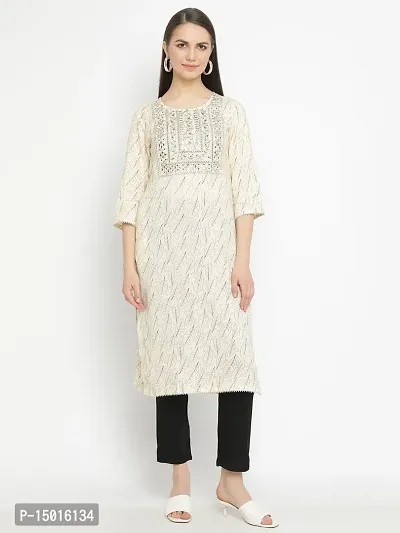 Beige Rayon Printed And Embroidered And Gota Work Straight Kurta With Trouser For Women
