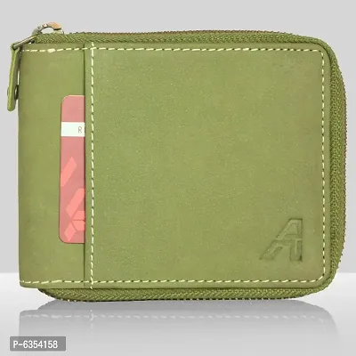 Men Trendy GREEN ROUND ZIP Genuine Leather RFID Wallet (7 Card Slots)