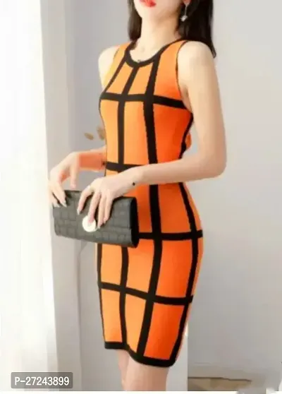 Elegant Orange Cotton Checked Dresses For Women