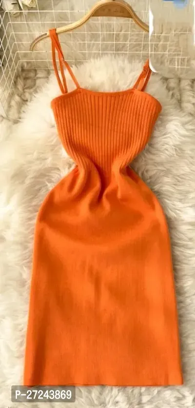 Elegant Orange Cotton Solid Dresses For Women-thumb0