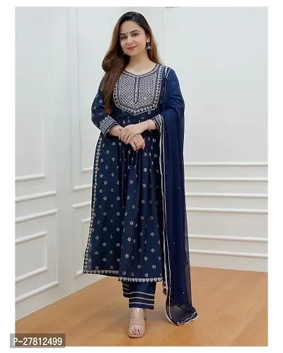 Womens Cotton Embroidered Nayra Cut Kurti Pant with Dupatta Casual Wear Kurta Set for Girls-thumb0