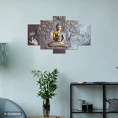 AlertEra Industries Wall Paintings | Wood Wall Art for Bedroom | Lord Buddha Printed Wall Sculpture | Painting for office | Painting for Hotels | 5 Piece Set | (17x30) | Gray