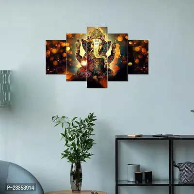 AlertEra Industries Wall Paintings | Wood Wall Art for Bedroom | Lord-Ganesha Wall Sculpture | Painting for office | Painting for Hotels | 5 Piece Set | (17x30) | Multicolor