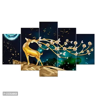 AlertEra Industries Wall Paintings | Wood Wall Art for Bedroom | Deer Printed Wall Sculpture | Painting for office | Painting for Hotels | 5 Piece Set | (17x30) | Blue-thumb2