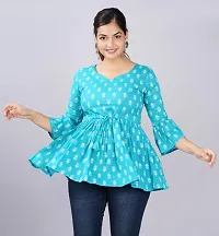 Casual Bell Sleeves Printed Women teal Top-thumb2