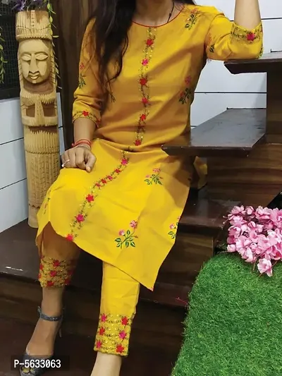 Fashion Yellow Printed and Embroidered Cotton Kurta With Pant