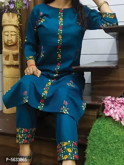 Fashion Blue Printed  Embroidered Cotton Kurta With Pant