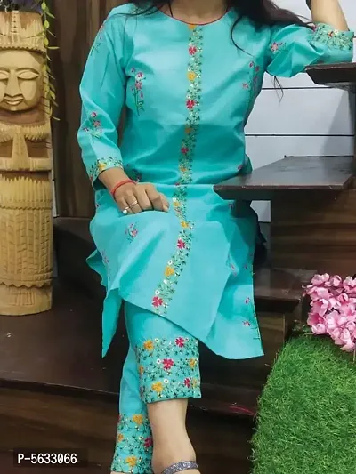 Turquoise Cotton Slub Embroidered Kurtas For Women