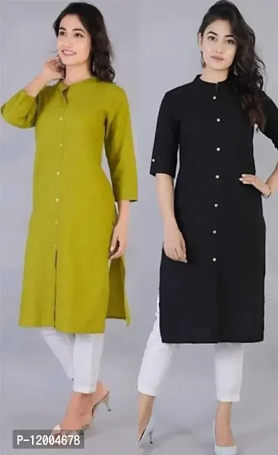 Black Cotton Linen Solid Kurtas For Women