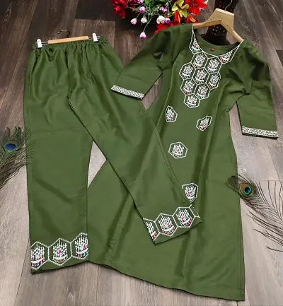 Womens Pure Heavy Blend Embroidery Kurti Pant Set