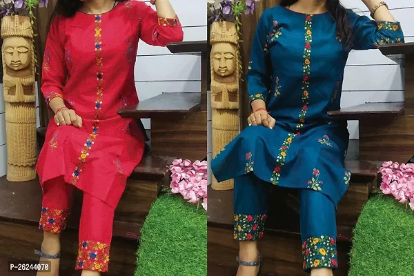 Red And Navy Blue Coloured Cotton Kurta-thumb0