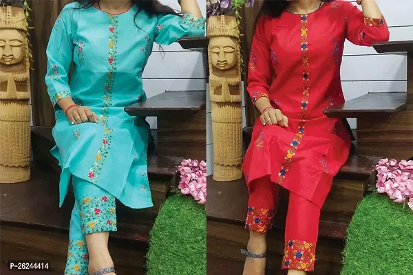 Aqua Blue And Red Coloured Cotton Kurta