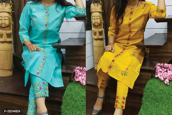 Aqua Blue And Yellow Coloured Cotton Kurta-thumb0