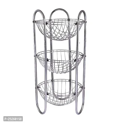 Stainless Steel Fruits and Vegetables Round Trolley Basket Rack Stand Set of 1 (Color: Silver, Shelf: 3, Shape: Capsule)-thumb0