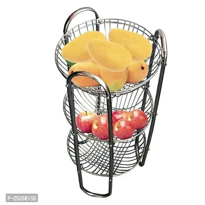 Stainless Steel Fruits and Vegetables Round Trolley Basket Rack Stand Set of 1 (Color: Silver, Shelf: 3, Shape: Capsule)-thumb2