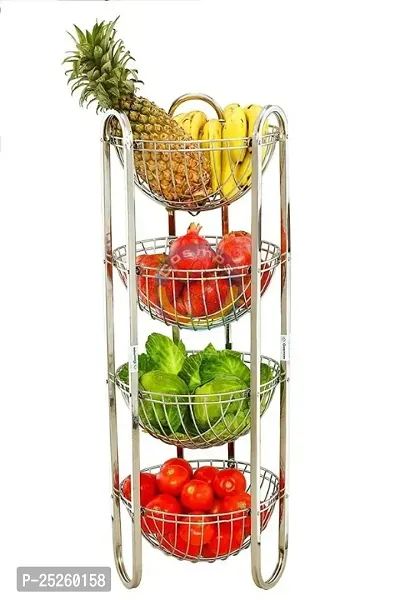 Stainless Steel Fruits and Vegetables Round Trolley Basket Rack Stand Set of 1 (Color: Silver, Shelf: 3, Shape: Capsule)-thumb4