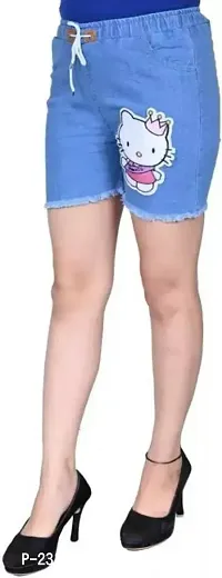 Stylish Fancy Denim Solid Regular Shorts For Girls-thumb0