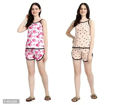 Summer Special Women Floral Printed Multicolor Daily Wear Top and Shorts Set (Combo Pack 2)-thumb0
