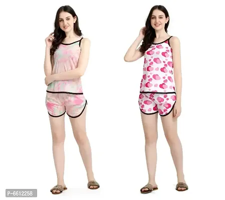 Summer Special Women Floral Printed Multicolor Daily Wear Top and Shorts Set (Combo Pack 2)