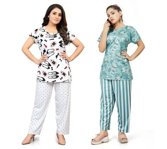 Women Stylish Nightwear Printed Top  Pyjama Set Combo 2