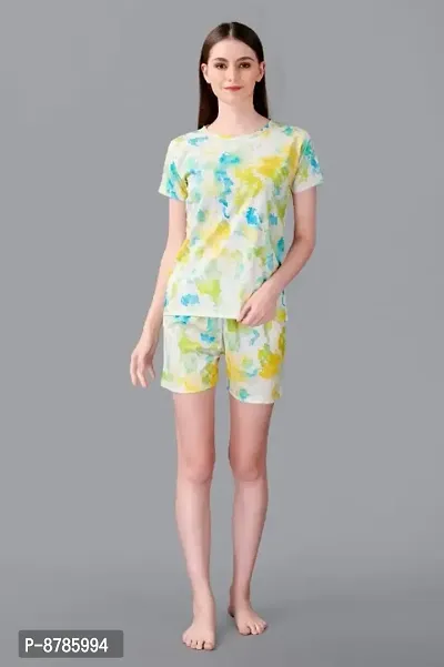Trendy Soft Polyester Printed Round Neck Short Sleeves Top With Shorts For Women