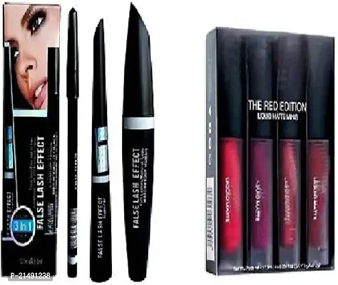 Set of 4 red edition liquid lipstick + Eyebrow Pencil Black  Liquid EyeLiner  Mascar ( set of 3 )