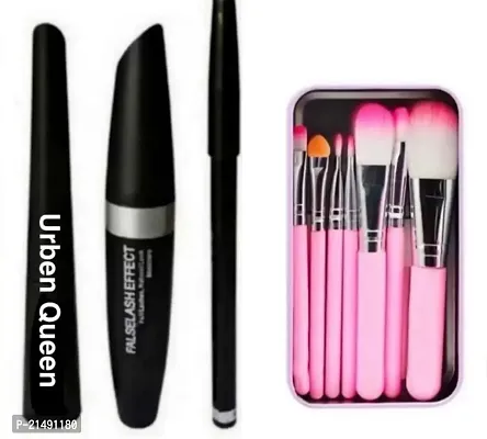 Eyebrow Pencil Black  Liquid EyeLiner  Mascara  With Set Of 7 Makeup Brushes (  set of 4 )