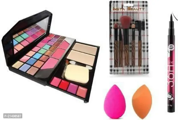 Beauty Makeup Brushes + Makeup Kit + Black Eye Liner + Puff Sponges  (5 Items in the set)