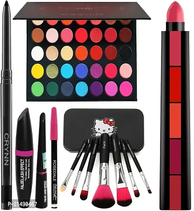 Rosedale Beauty 3in1 Eyeliner Mascara Eyebrow Pencil  Kitty Set of 7 Makeup Brush  Glazed Color Studio Eyeshadow Palette