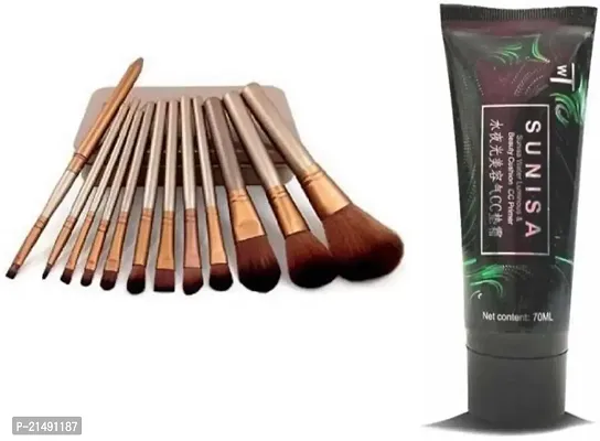 Set of 12 makeup brushes plus  CC Air Cushion Primer Korean Mushroom Head Cosmetic Waterproof Primer - 70 ml