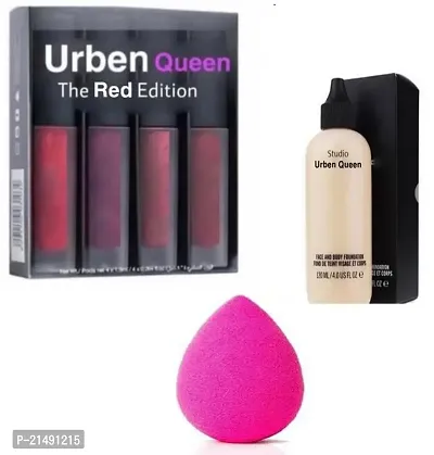 Set Of 4 Red Edition Liquid Lipsticks and A Studio Water Weight Liquid Foundation and a blendar puff ( pack of 3 )