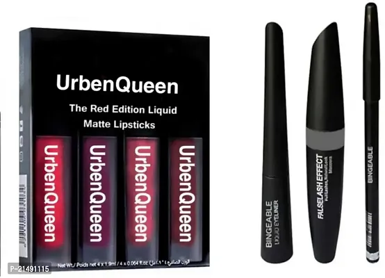 Set of 4 red edition liquid lipstick + Eyebrow Pencil Black  Liquid EyeLiner  Mascara ( 7 items in the set )